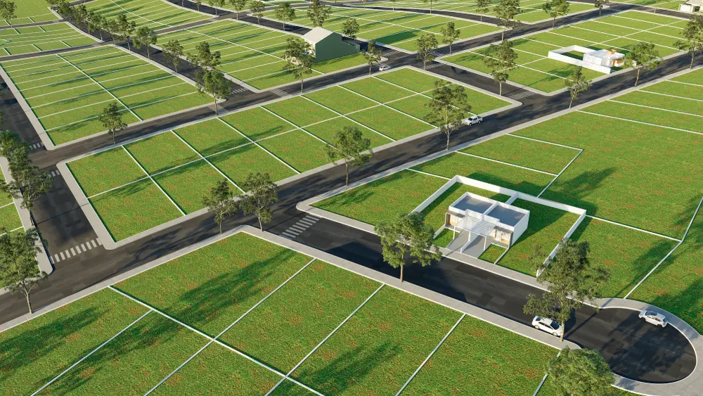 Vista aérea dos lotes do Jardim Europa com ruas asfaltadas e casas